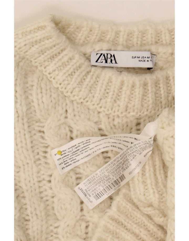 Zara Suéter feminino oversized com gola redonda UK 12 Médio Off White
