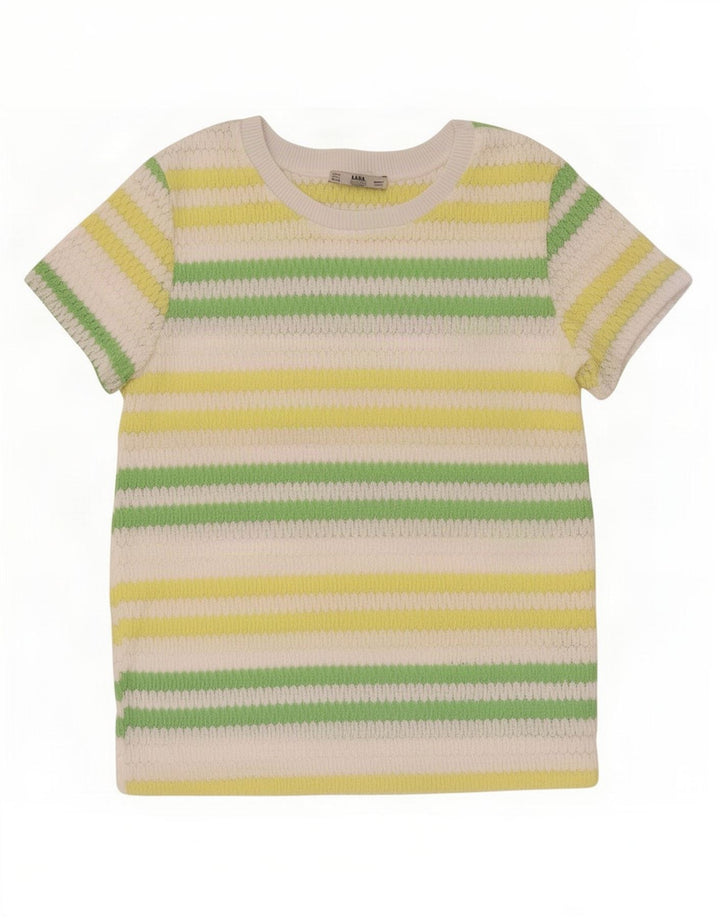 Zara blusa feminina de malha top UK 10 poliéster listrado pequeno multicolorido