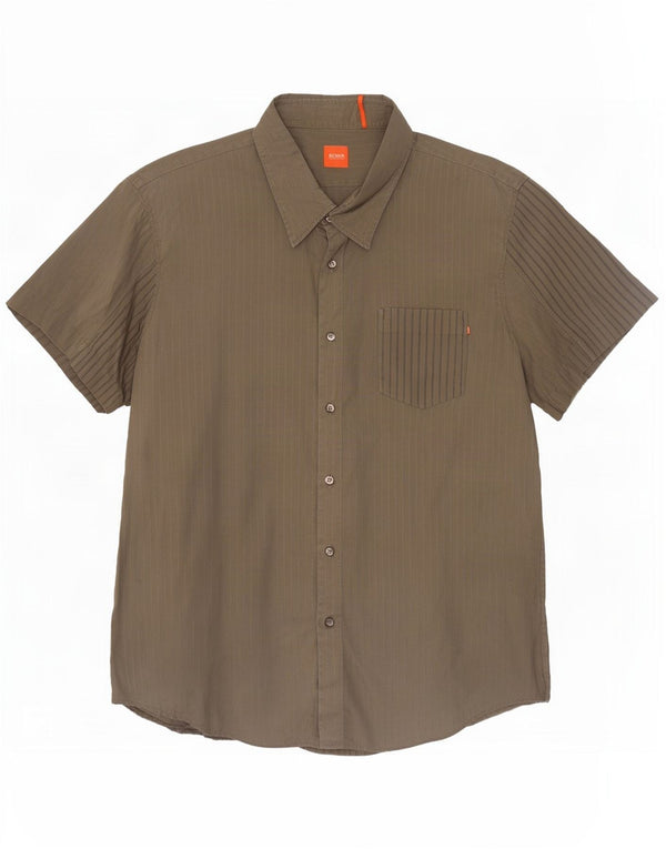 Camisa masculina de manga curta Hugo Boss 2XL algodão listrado cáqui