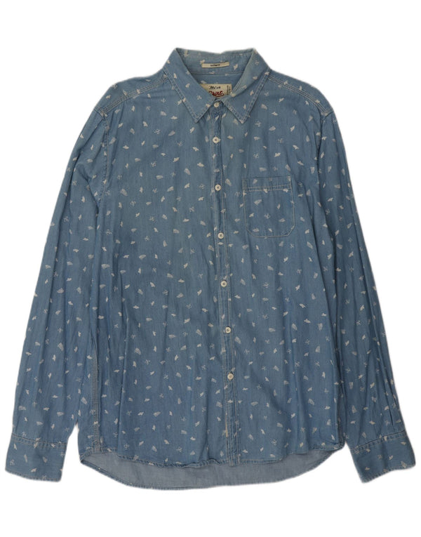 Camisa jeans Marlboro Classics masculina de ajuste personalizado XL azul manchado de algodão