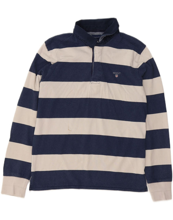 Camisa polo masculina de rugby de manga comprida da Gant, algodão listrado azul marinho médio
