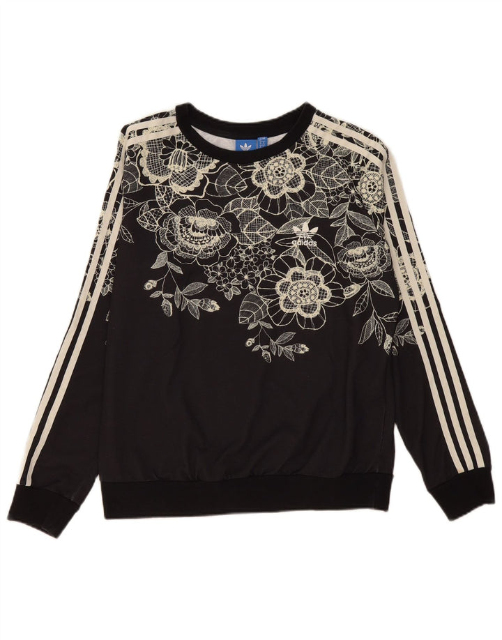 Adidas Womens Sweatshirt Jumper UK 12 Médio Preto Floral Poliéster