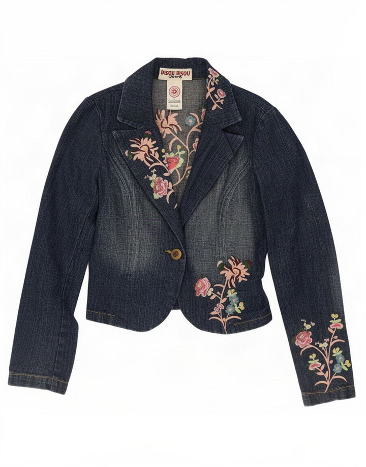 Jaqueta blazer feminina Bisou crop 1 botão Reino Unido 10 pequena azul floral