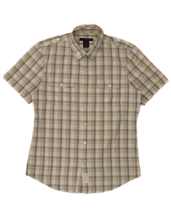 Camisa militar masculina de manga curta Calvin Klein Jeans xadrez bege médio