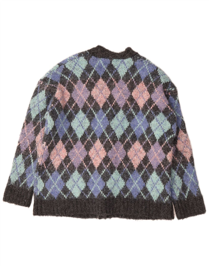 Suéter cardigã feminino Zara UK 10 pequeno multicolorido Argyle/Diamante