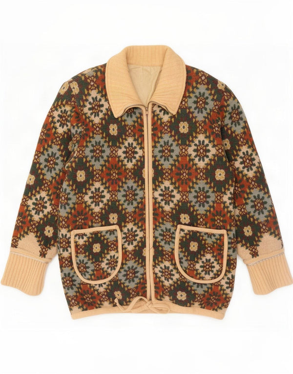Suéter Cardigan Longline Feminino Vintage Reino Unido 18 XL Verde Geométrico