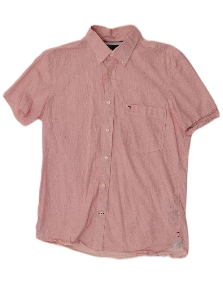 Tommy Hilfiger Camisa masculina de manga curta slim fit de algodão manchado vermelho médio