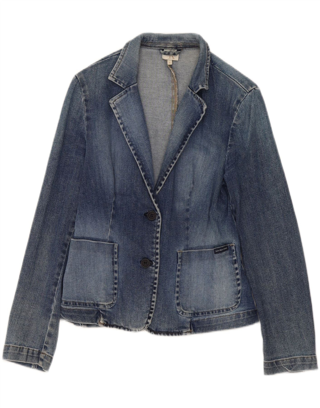 Jaqueta blazer jeans feminina Calvin Klein com 2 botões Reino Unido 12 algodão azul médio