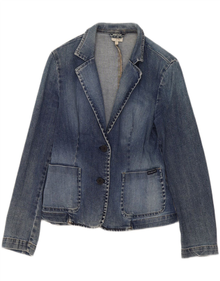 Jaqueta blazer jeans feminina Calvin Klein com 2 botões Reino Unido 12 algodão azul médio