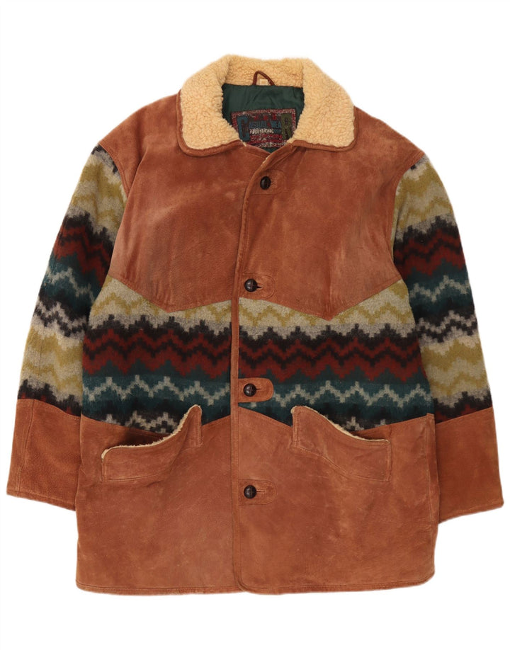 Casaco corta-vento masculino vintage de camurça UE 50 grande couro geométrico marrom