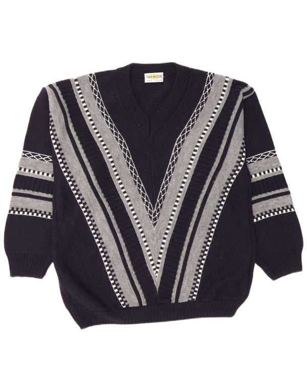 Suéter vintage masculino com decote em V grande listrado azul marinho poliacrílico