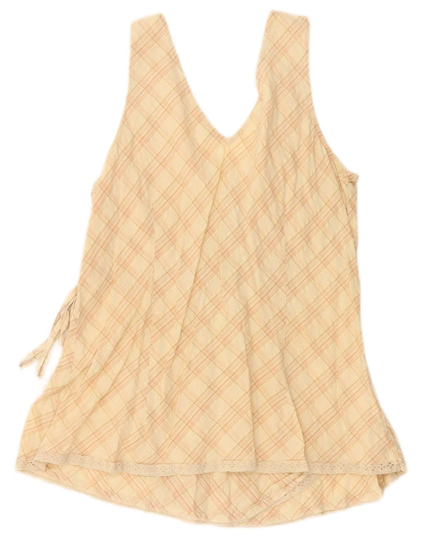 Blusa feminina sem mangas Benetton UK 14 grande algodão xadrez bege