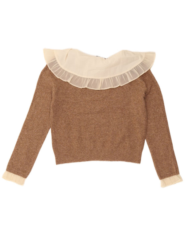 Zara Suéter feminino cropped com gola canoa Reino Unido 12 bloco colorido marrom médio