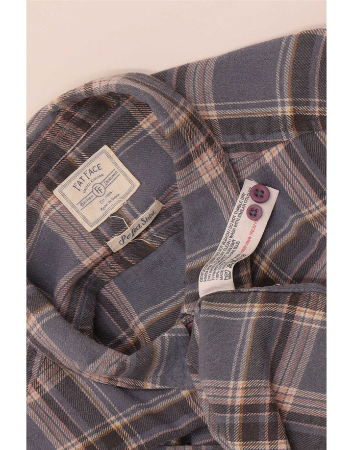Camisa de flanela feminina Fat Face Reino Unido 12 algodão xadrez azul médio