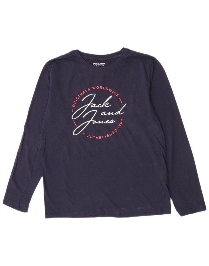 Jack & Jones Camiseta masculina gráfica manga comprida pequena algodão azul marinho