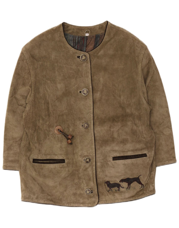 Jaqueta masculina vintage de camurça gráfica de caça UE 42 grande estampa animal cáqui