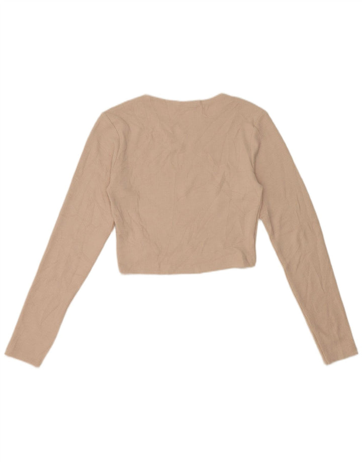 Zara Crop Top Feminino Manga Longa Reino Unido 14 Grande Poliéster Bege