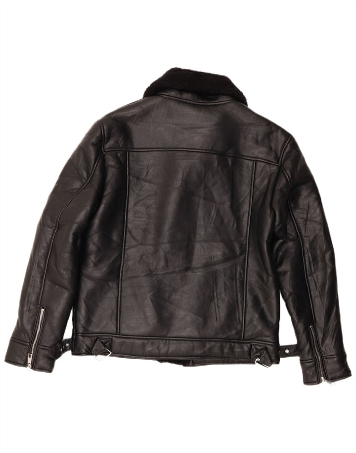 Zara Womens Sherpa Biker Jacket UK 14 Médio Preto Poliéster