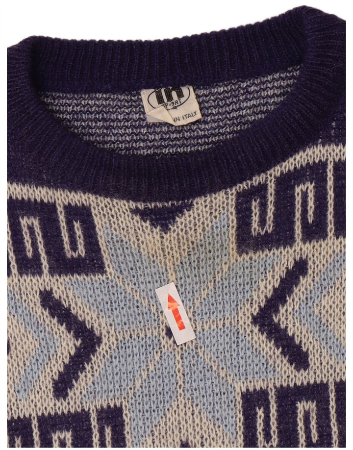 Suéter vintage masculino com gola redonda, médio azul marinho geométrico