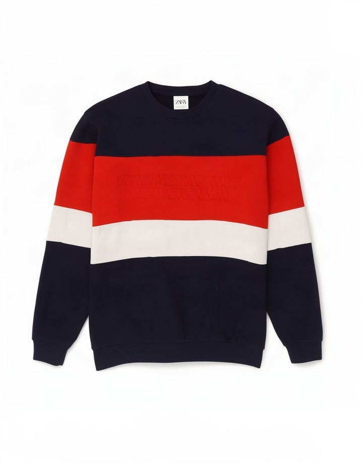 Zara moletom gráfico masculino jumper médio azul marinho algodão colorblock