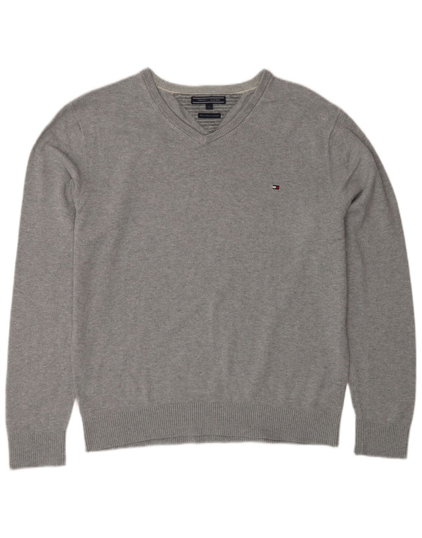 Suéter masculino Tommy Hilfiger com decote em V grande algodão cinza