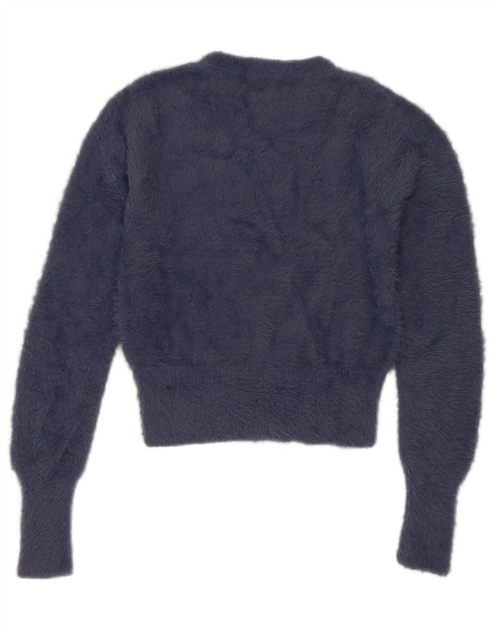 Zara Suéter feminino cropped com gola redonda Reino Unido 12 médio azul marinho nylon