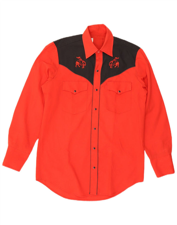 Camisa ocidental masculina vintage de poliéster colorblock vermelho médio