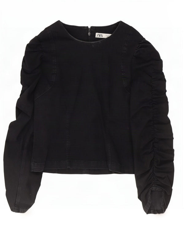 Blusa feminina de manga comprida Zara Top UK 10 pequeno algodão preto