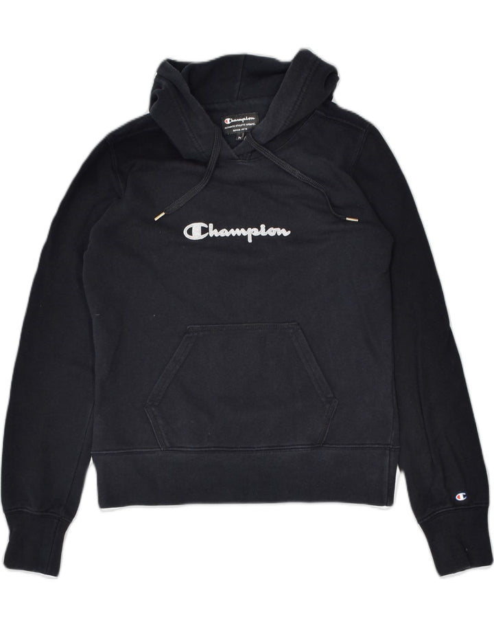 CHAMPION Womens Graphic Hoodie Jumper UK 12 Medium Black Cotton | Vintage Champion | Thrift | Second-Hand Champion | Used Clothing | Messina Hembry 