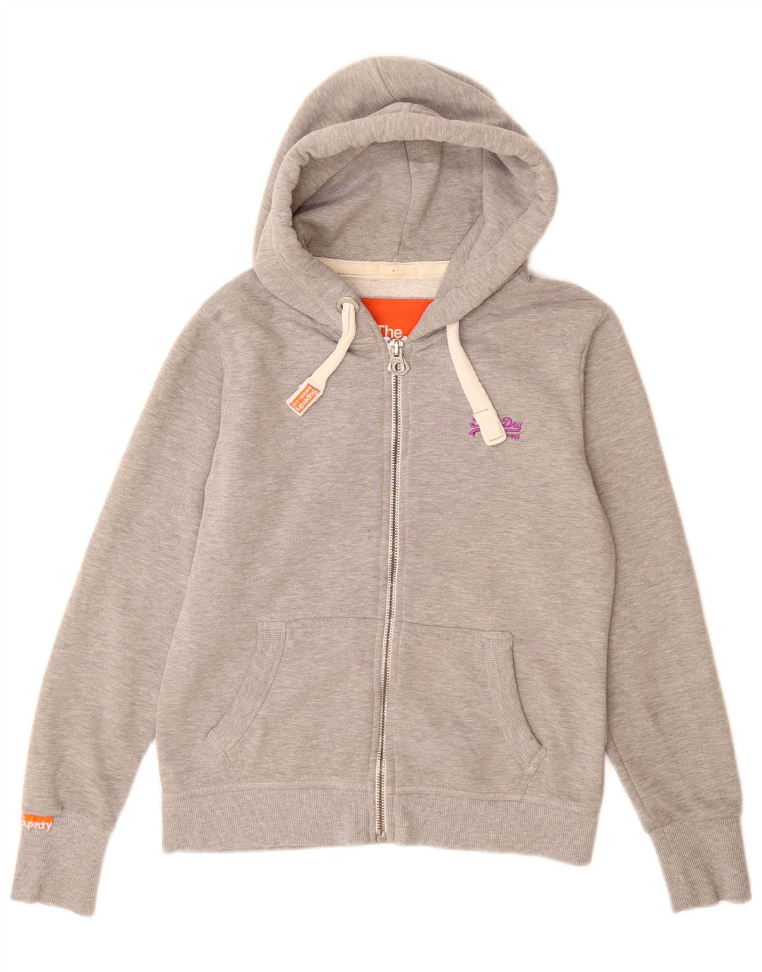 Suéter feminino Superdry com capuz e zíper Reino Unido 14 grande poliéster cinza