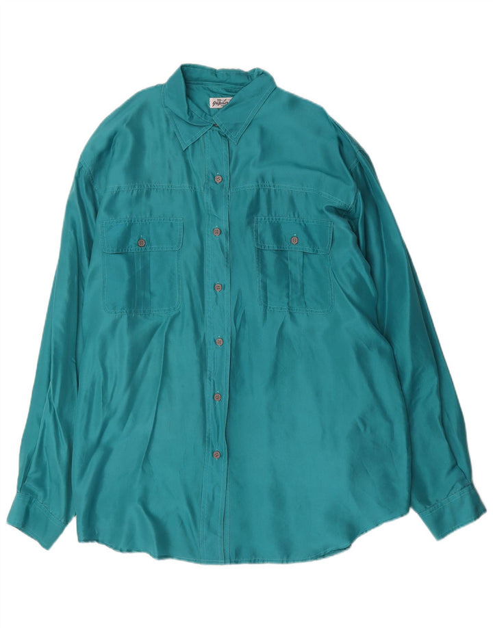 Blusa de camisa oversized feminina vintage Reino Unido 16 seda verde grande