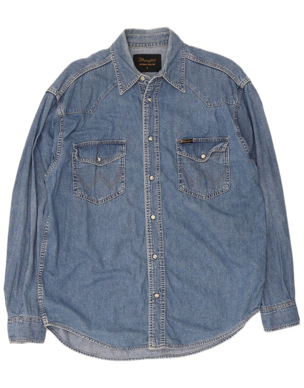 Camisa jeans Wrangler masculina azul médio algodão