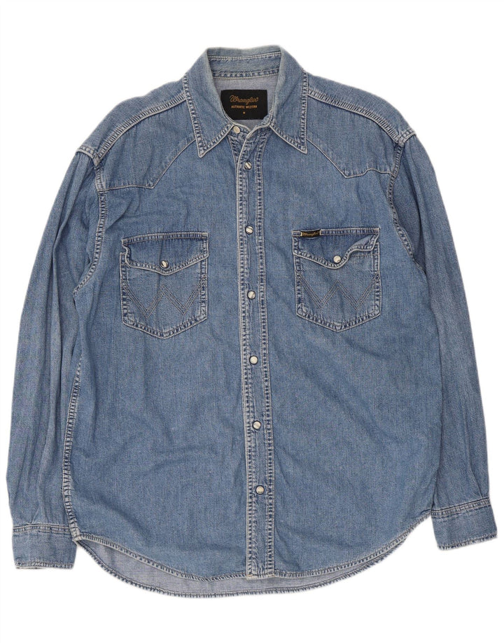 Camisa jeans Wrangler masculina azul médio algodão