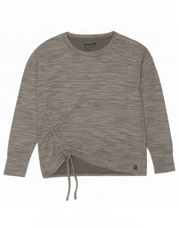 Reebok feminino oversized top manga comprida UK 10 pequeno cinza manchado poliéster