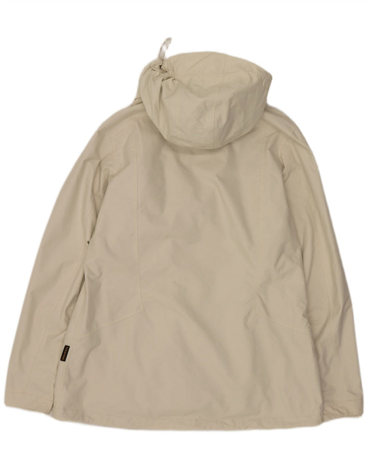 Jaqueta corta-vento feminina com capuz Jack Wolfskin UK 16 grande bege poliamida