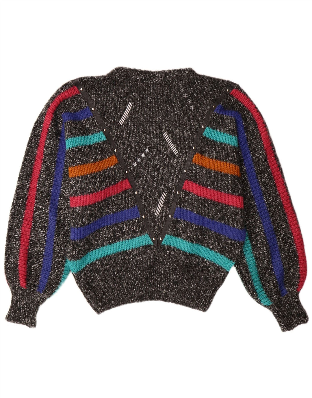 Suéter feminino VINTAGE Batwing com gola redonda Reino Unido 14 listrado cinza médio