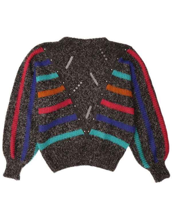 Suéter feminino VINTAGE Batwing com gola redonda Reino Unido 14 listrado cinza médio