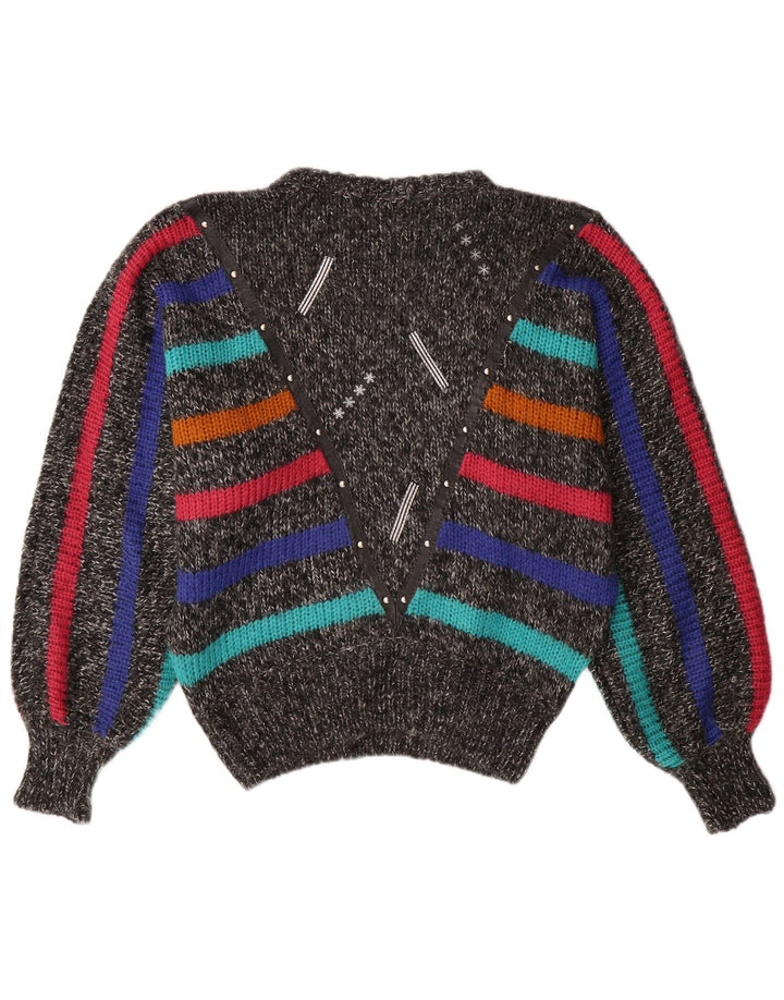 Suéter feminino VINTAGE Batwing com gola redonda Reino Unido 14 listrado cinza médio