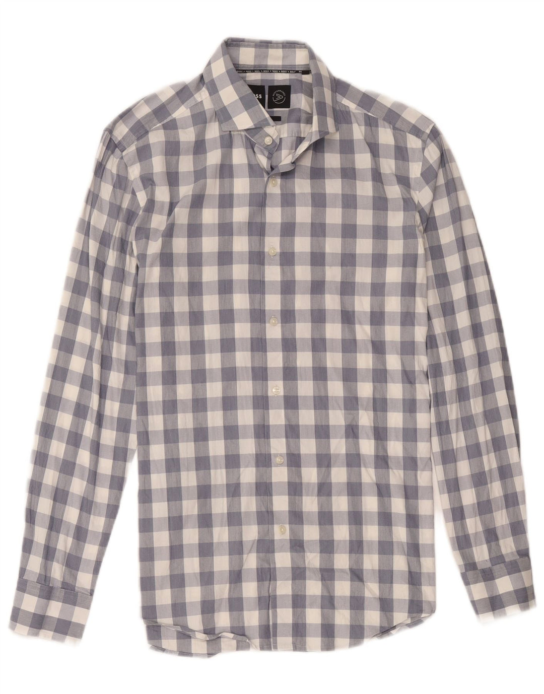 Camisa masculina Hugo Boss Slim Fit tamanho 15 1/2 algodão xadrez azul médio