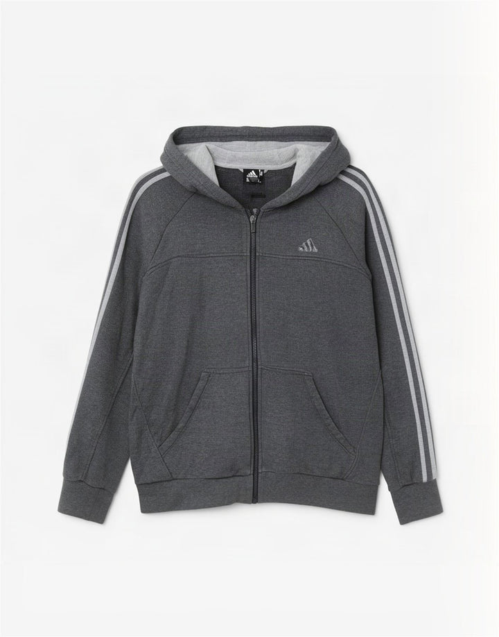 Adidas masculino zip moletom com capuz médio algodão cinza