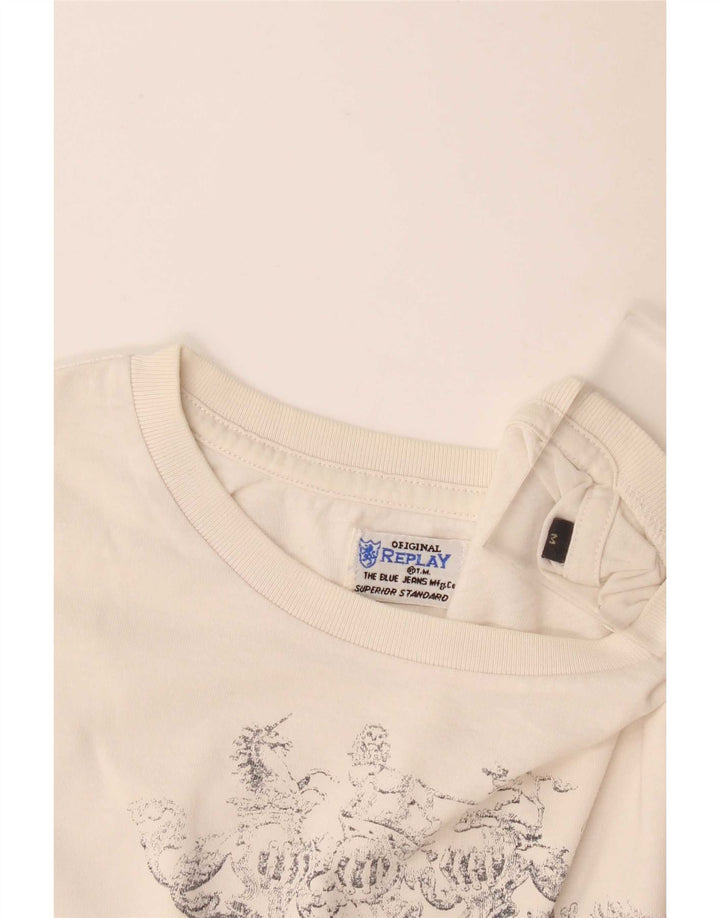 Top gráfico feminino Replay manga comprida UK 14 médio off white