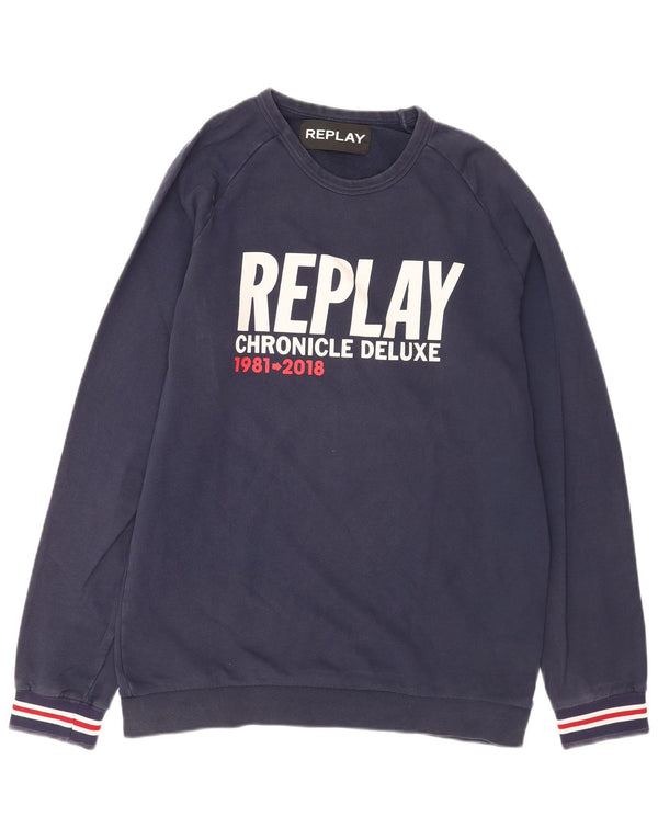 Replay moletom gráfico masculino Jumper XL azul marinho algodão