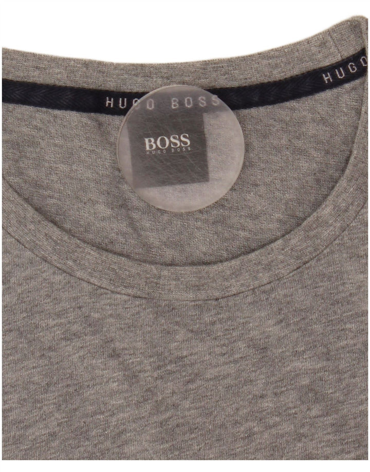 Hugo Boss Camiseta masculina gráfica manga comprida algodão manchado cinza médio