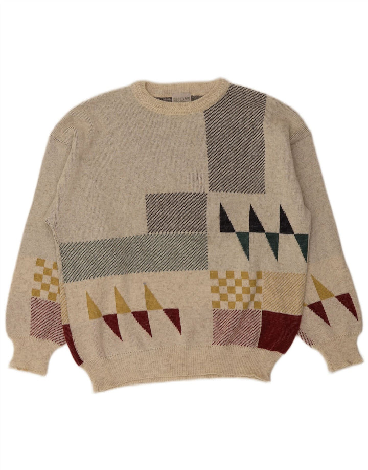 Suéter vintage masculino com gola redonda IT 48 lã geométrica branca média