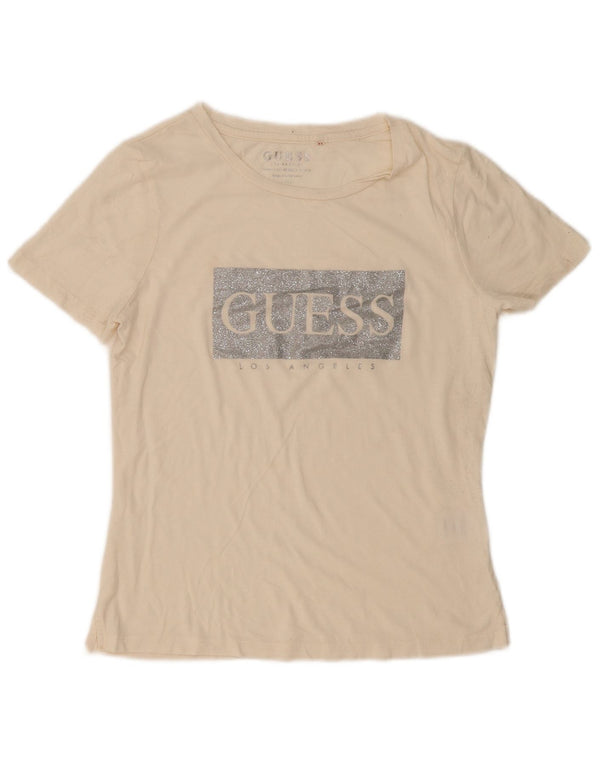 Camiseta feminina Guess com corte solto e gráfico UK 10 pequeno algodão off white