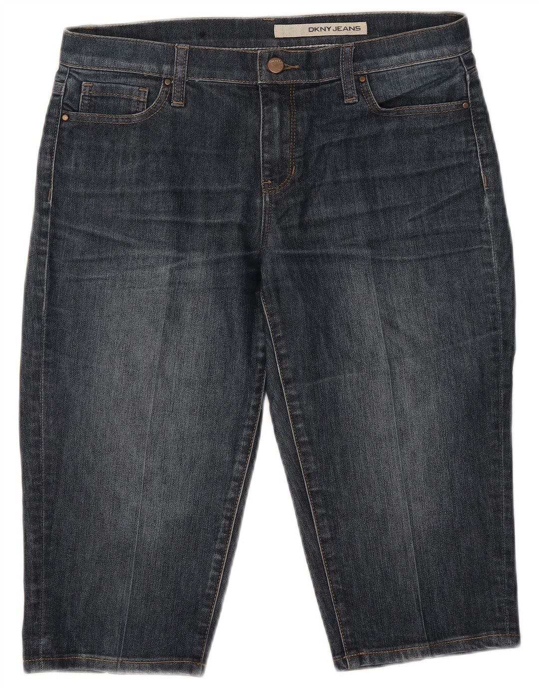 Bermuda jeans feminina Dkny EUA 8 médio W32 algodão azul marinho