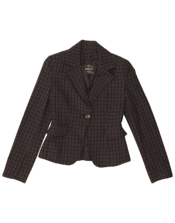 Jaqueta blazer feminina vintage de 1 botão EU 36 poliéster cinza pequeno com verificação