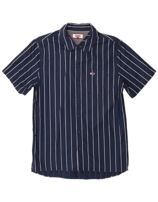 Camisa masculina de manga curta Tommy Hilfiger pequena listrada azul marinho de algodão