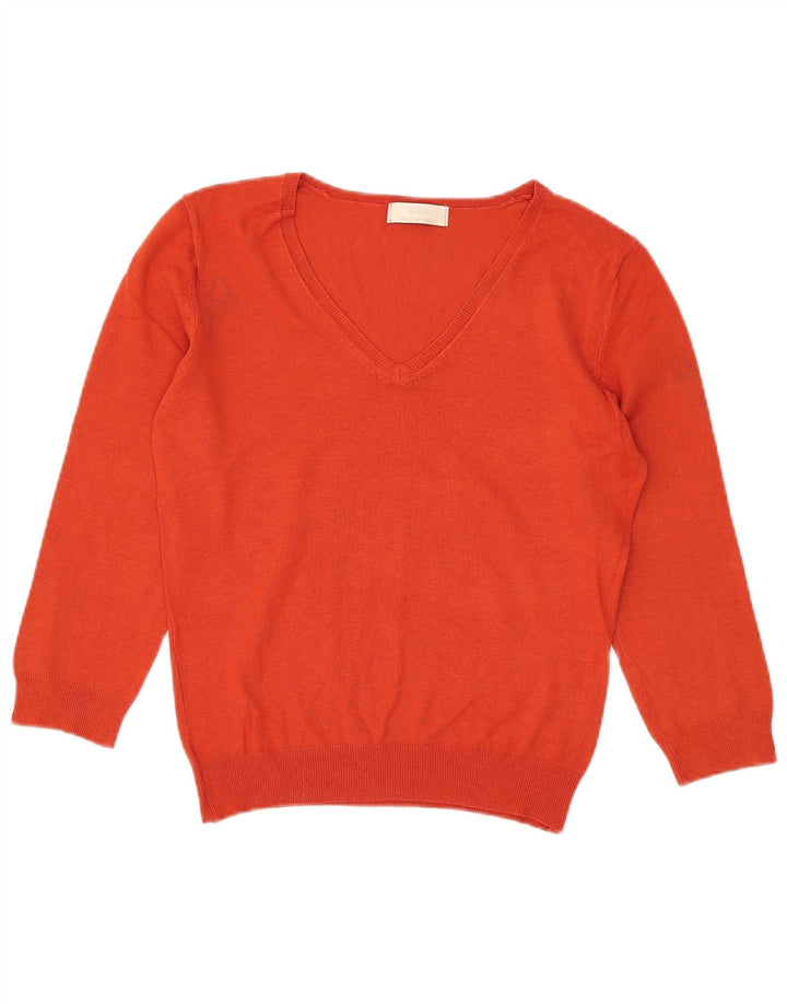 Suéter feminino Marks & Spencer manga 3/4 com decote em V Reino Unido 12 médio laranja
