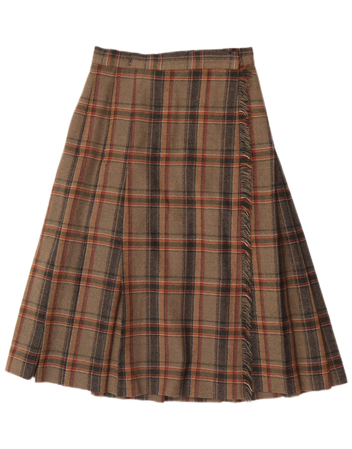 Saia midi feminina vintage IT 40 pequena W24 lã xadrez marrom